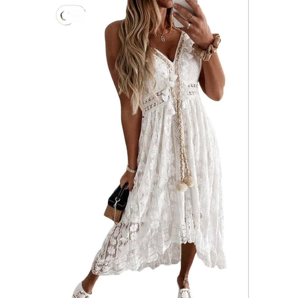 Boho Lace Hi Low Maxi Dress Ivory Cottagecore Romantic Festival EUC No Tags - Picture 2 of 11